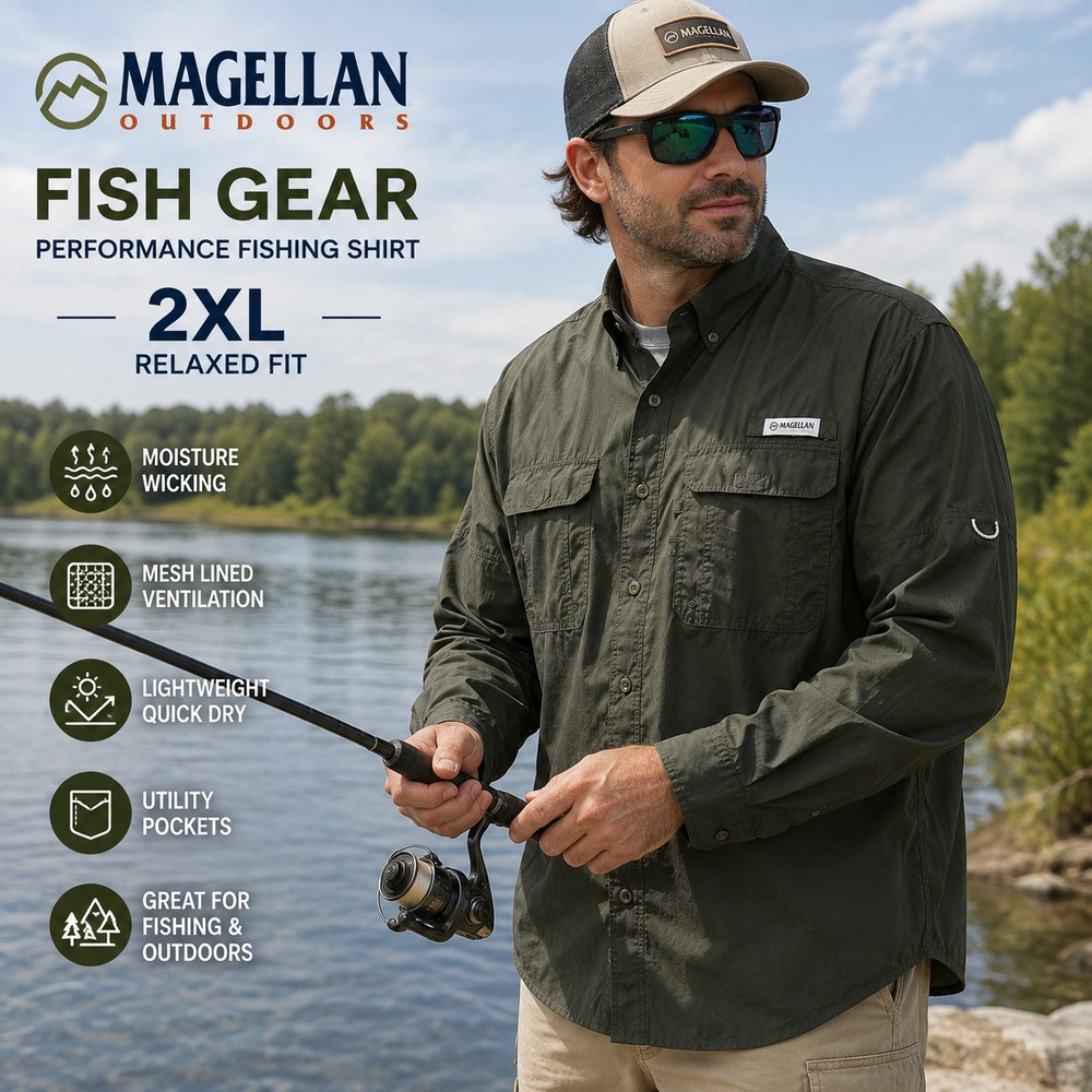 Magellan Fish Gear Shirt Mens 2XL Green Fishing Long Sleeve Vented Utility